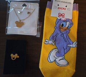 Disney Muckey Mouse Necklace Earrings And Ring Set And Daisy Duck Socks